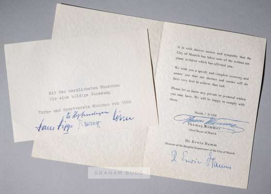 A printed get well soon card sent to Duncan Edwards of Manchester United and signed by the Chief Mayor of Munich Thomas Wimmer and Dr Erwin Hamm direc