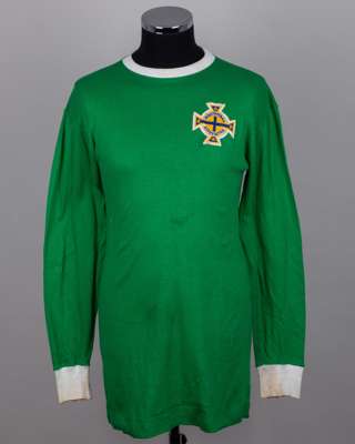Green and white No.6 Northern Ireland match worn long-sleeved shirt, 1967-69