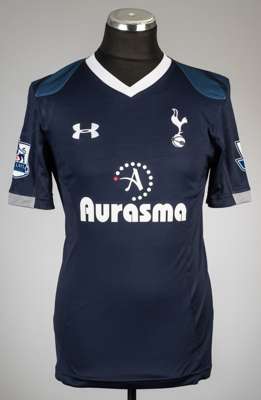 Jermain Defoe navy Tottenham Hotspur no.18 away jersey, season 2012-13, 
 Under Armour, short-sleeved with BARCLAYS PREMIER LEAGUE sleeve badges, club