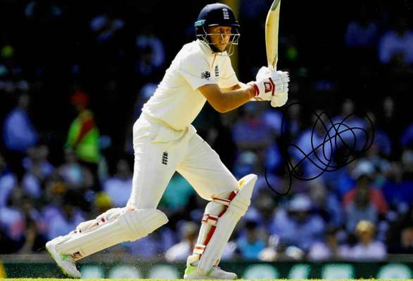 England's Joe Root signed replica England Test Match cricket shirt,
 also includes signed 8 by 12in. action photograph, signed New Balance Mini bat (s