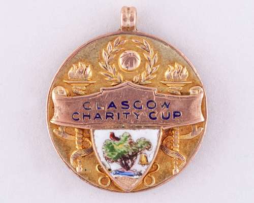 Tommy Cairns 9ct gold and enamel Glasgow Charity Cup medal, 1925
