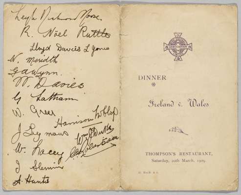 An autographed menu for the Ireland v Wales international football match 20th March 1909 originally owned by the Manchester United player Billy Meredi