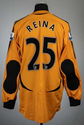 Pepe Reina gold Liverpool no.25 goalkeeper's jersey, season 2006-07,
 Adidas, long-sleeved with BARCLAYS PREMIER LEAGUE sleeve badges, club crest and 