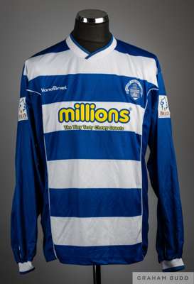 Blue and white No.19 Greenock Morton long-sleeved shirt, 2003-06, 
 Vandanel, L, with v-neck collar and embroidered badge inscribed GREENOCK MORTON F.