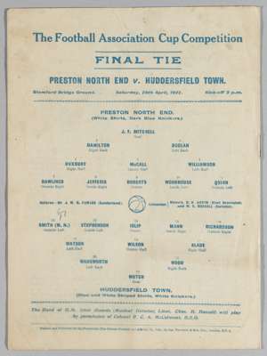 F.A. Cup Final programme Huddersfield Town v Preston North End, played at Chelsea's Stamford Bridge ground, 19th April 1922,
 8-page programme with ce