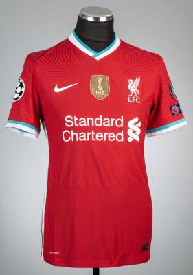 Sadio Mane red Liverpool no.10 home jersey, season 2020-21,
 Nike, short-sleeved with UEFA STARBALL and RESPECT sleeve badges, club crest and sponsor 