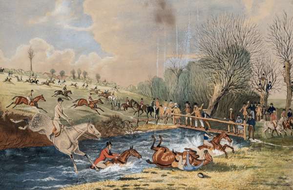 Three 20th century watercolours of horse racing and hunting scenes after Henry Thomas Alken (British, 1785-1851),
 comprising the first featuring a sc