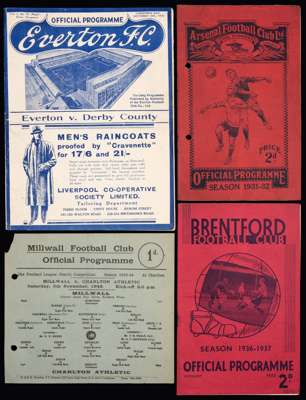 A collection of 13 pre-war and wartime football programmes, Everton v Derby 1936/37, Arsenal v WBA 31/32 & Middlesbrough 37/38 (both punch-holed), the