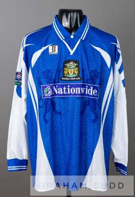 Blue and white Halifax Town AFC no.5 jersey, season 1998-99,
 by Biemme, long-sleeved with NATIONWIDE FOOTBALL LEAGUE sleeve badges, embroidered club 