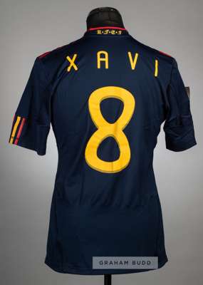 Xavi navy Spain no.8 home jersey v Netherlands in the FIFA 2010 World Cup final in Johannesburg, 11th July 2010,
 short-sleeved unused spare, with FIF
