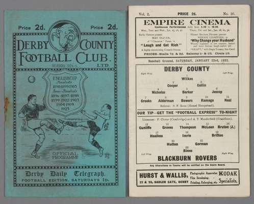 Two Derby County home programmes,

F.L. Division Two v Barnsley 27th September 1924; and FAC4 v Blackburn Rovers 23rd January 1932, fair, wear to both
