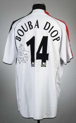 Papa Bouba Diop signed white Fulham no.14 home jersey, season 2005-06,
 Puma, short-sleeved with BARCLAYS PREMIERSHIP sleeve badges, club crest and sp