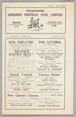 Aberdeen v Hibernian proramme 26th August 1939,
 Scottish F.L. Division One fixture

 This was Aberdeen's final home match before the Scottish Footbal