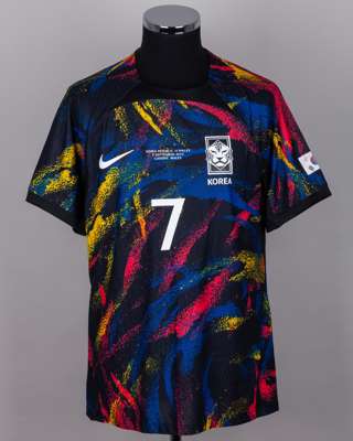 Son Heung Min black, blue, red and yellow No.7 South Korea v. Wales short-sleeved shirt, 2023