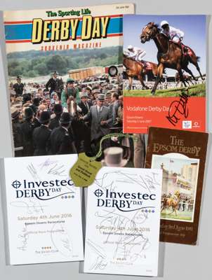 Collection of Epsom Derby racecards and other associated printed items, 
 including signed examples, comprising 2011 signed by Mickael Barzalona, 2010