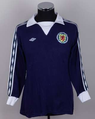 Gordon McQueen blue and white No.4 Scotland match worn long-sleeved shirt, late 1970s