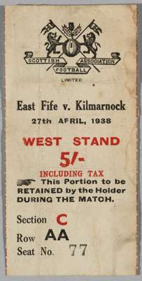 Rare East Fife v. Kilmarnock Scottish Cup final replay ticket stub, 27th April 1938

 Ticket generally good