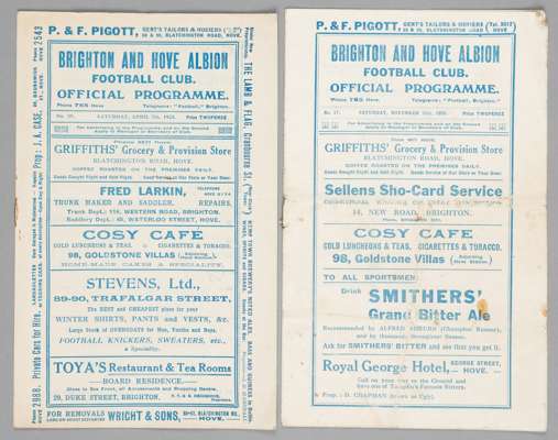 Two Brighton & Hove Albion v Reading programmes 1920,
 F.L. Division Three South fixtures, 7th April 1923 and 21st September 1925