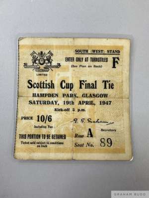 Aberdeen v. Hibernian Scottish Cup Final ticket stub, 19th April 1947
 1st Scottish Cup final after WWII, horizontal and vertical folds, laminated