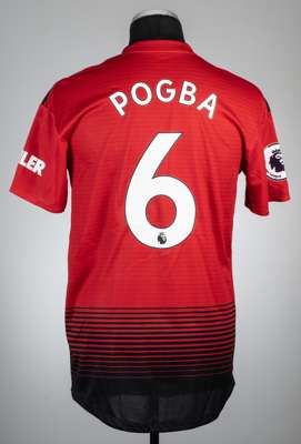 Paul Pogba red Manchester United no.6 home jersey, season 2018-19,
 Adidas, short-sleeved with PREMIER LEAGUE sleeve badge, club crest and sponsor log