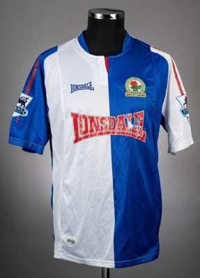 Robbie Savage blue and white No.8 Blackburn Rovers short-sleeved jersey, 2005-06, 
 Lonsdale, L with crew-neck collar and embroidered cloth badge insc