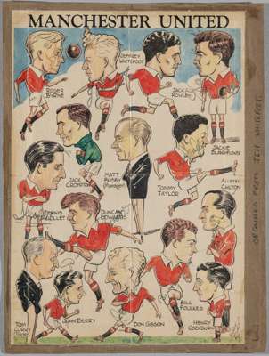 An original mid-1950s caricature sheet including nine Manchester United Busby Babes autographs, 

comprising: Roger Byrne, Duncan Edwards, Jeff Whitef