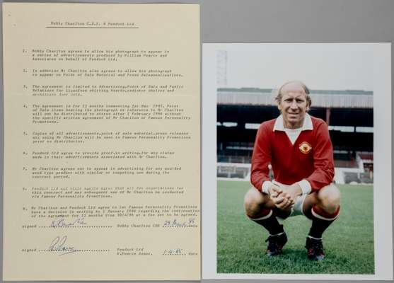 Bobby Charlton: signed and dated (29th March 1985) advertising image rights contract between Bobby Charlton and William Pearce & Assoc. on behalf of P