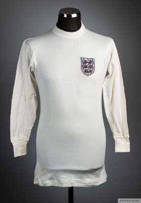 David Sadler white No.5 England v. East Germany match worn long-sleeved shirt, 1971, 
 Umbro, M, with crew-neck collar and embroidered three lion badg