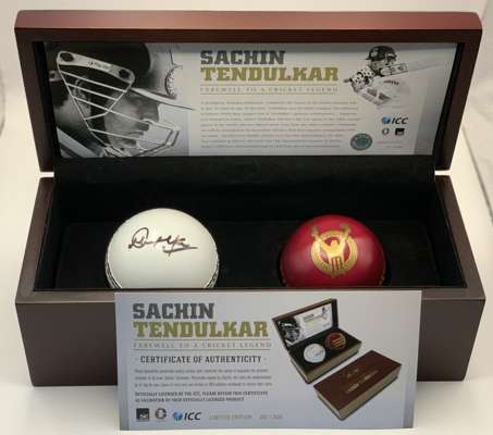 India: Sachin Tendulkar signed Limited Edition Cricket Ball set in display box with official ICC COA and ICC hologram,
 includes one signed white ball