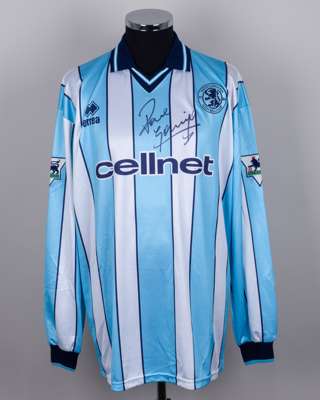 Paul Gascoigne sky blue and white No.8 Middlesbrough autographed long-sleeved shirt