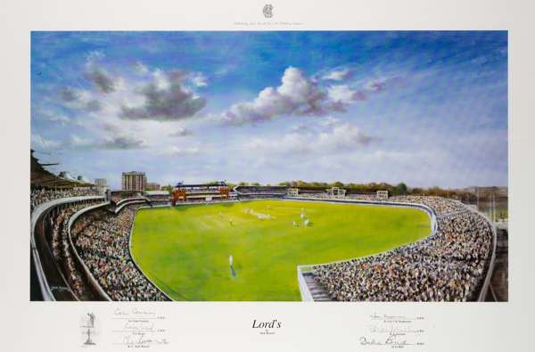 Signed Jack Russell (British, b.1963) colour limited edition print of Lord's Cricket Ground, circa 1993, 
 published by Jack Russell Fine Art Publishi