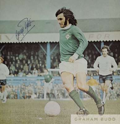 George Best Northern Ireland autographed colour picture removed from an old book, 
 signed by George in blue biro it shows Best in action against Engl