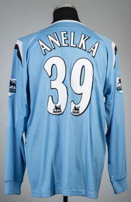 Nicolas Anelka blue Manchester City no.39 home jersey, season 2004-05,
 Reebok, long-sleeved with BARCLAYS PREMIER LEAGUE sleeve badges, club crest an