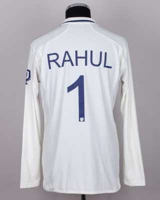 KL Rahulwhite and navy No.1 India v. England match worn, autographed Red For Ruth shirt