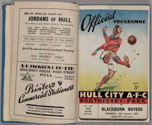 An unusual bound volume of Hull City match programmes, 1946-47 to 1949-50 season 
 comprising: Fulham, Friendly, 25/1/47; Blackburn Rovers, F.A.Cup; 3