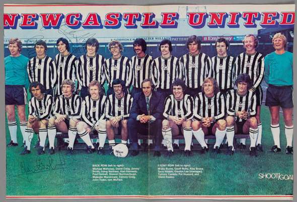 Newcastle United 1975-76 autographed large colour double page team photograph pre-season from Shoot/Goal,
 signed by complete playing staff, signed by