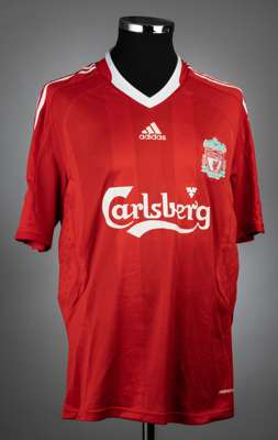 Alvaro Arbeloa red & white Liverpool no.17 jersey v Arsenal, played at Anfield, on 21st April 2009,
 match-issue, Adidas, short-sleeved with BARCLAYS 