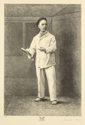 A print and three books of real tennis interest,
 engraved portrait of the player Charles Delahaye known as "Biboche", signed AM in the plate, inscrib