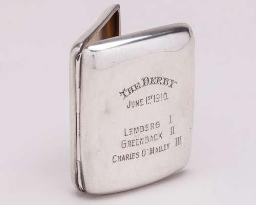 Hallmarked silver curved pocket case with 1910 Epsom Derby inscription