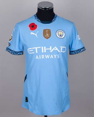 Phil Foden blue No.47 Manchester City v. Bournemouth match worn short-sleeved shirt, 2024