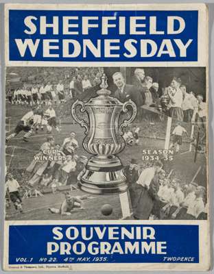 Sheffield Wednesday v. Grimsby Town, Souvenir programme, 4th May 1935

 Centre-pages loose, scuffing to spine and some staining