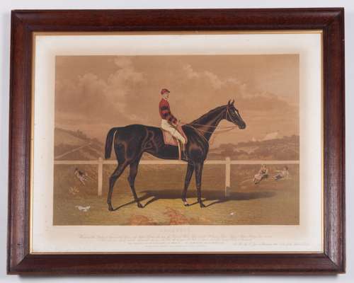 Colour lithograph of the American-bred Epsom Derby winner Iroquois with jockey Fred Archer up