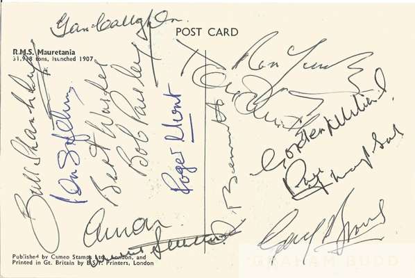 Rare Liverpool FC autographed postcard signed by 13, 
 signed to the reverse by Bill Shankly, Bob Paisley, Ronnie Moran and Ruben Bennett from the Liv