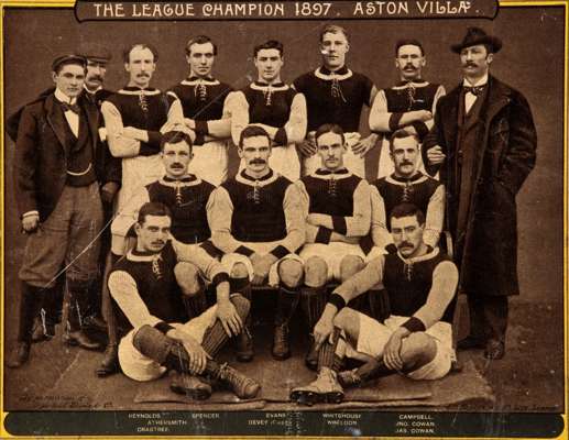 A commemorative photographic plate of the Aston Villa 1897 Football League Championship team, 7 1/2 by 9 1/2in., with title and legend identifying the