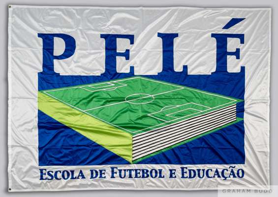An official white and blue nylon flag given to Pelé by the Pelé Escola de Futebol e Educação 
 [Pelé School of Football and Education],103 1/2 by 71 i