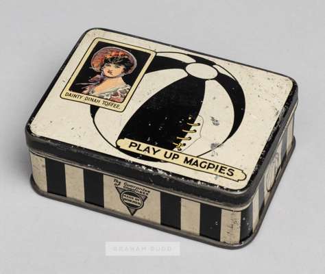 Dainty Dinah Toffee "Play Up Magpies" Newcastle United tin, circa 1900s,
 with black and white striped decoration, the hinged lid with a coloured imag
