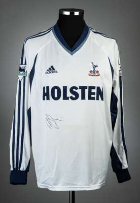 Simon Davies signed white Tottenham Hotspur no.29 home jersey, season 2001-02,
 match issue, Adidas, long-sleeved with THE FA PREMIER LEAGUE sleeve ba