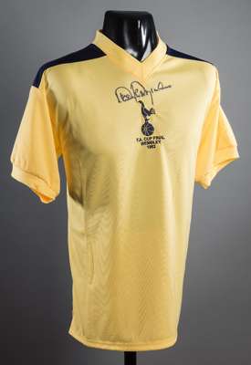 A pair of Tottenham Hotspur F.A. Cup Final retro jerseys signed by the captains who lifted the Cup at Wembley, the first a yellow 1982 Replay signed b