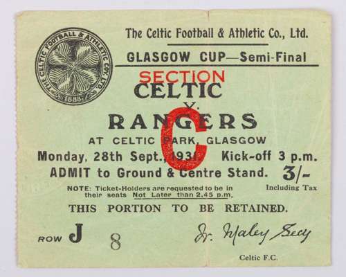 A rare Celtic v. Rangers Glasgow Cup ticket stub, 29th September 1931