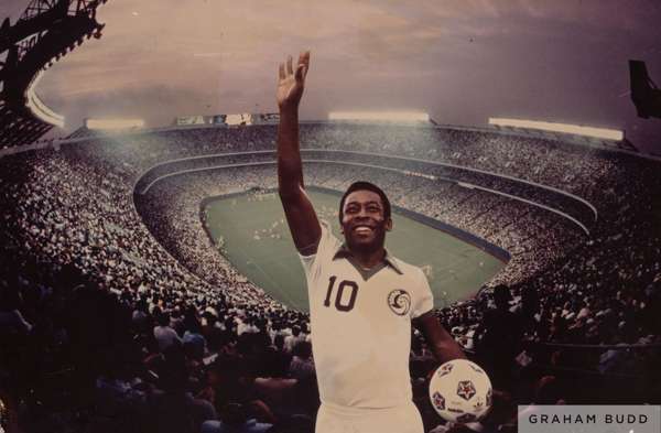 A composite image gifted to Pelé by the Cosmos, 
 the image features Pelé in his Cosmos home uniform addressing fans in Giants Stadium before a record